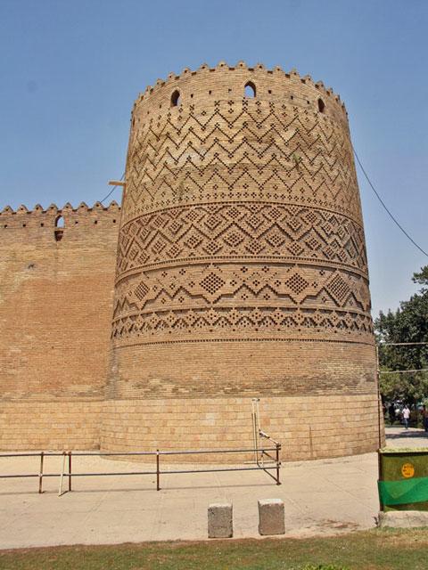 Exterior view showing a corner tower