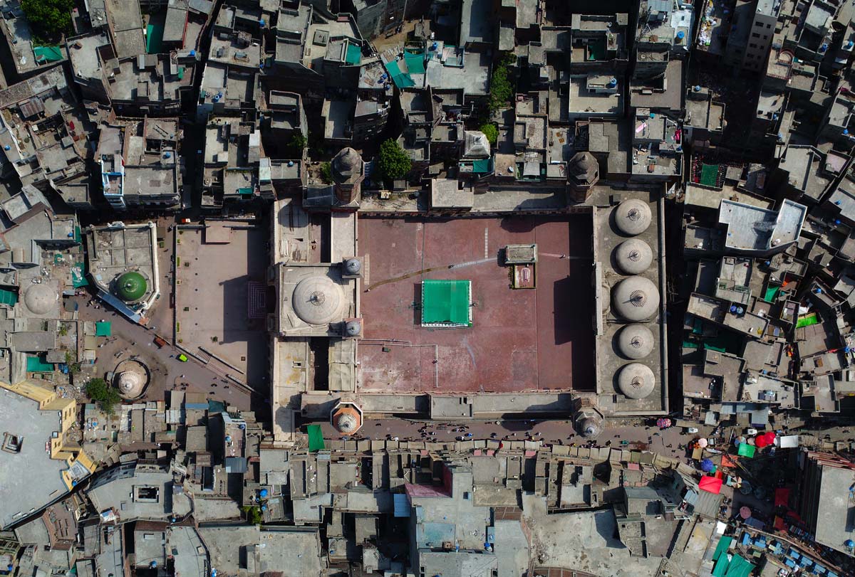Aerial view over the mosque and surrounding neighbourhood