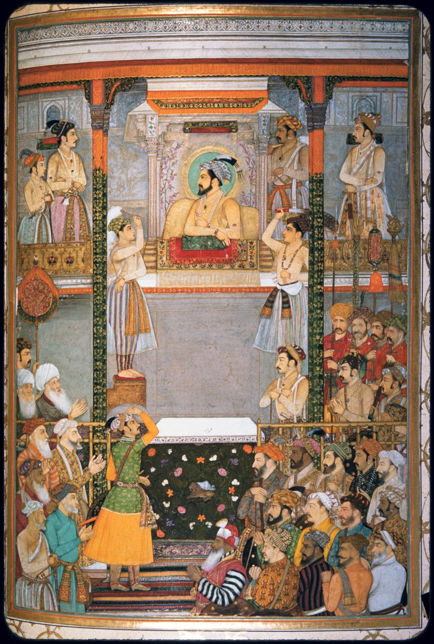Shah Jahan honoring Prince Aurangzeb before his wedding, f.214b of the Padshahnama of Abd al-Hamid Lahawri (RCIN 1005025)