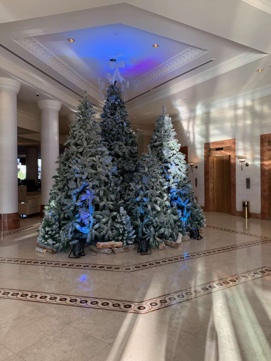 Interior view of the lobby with holiday decorations
