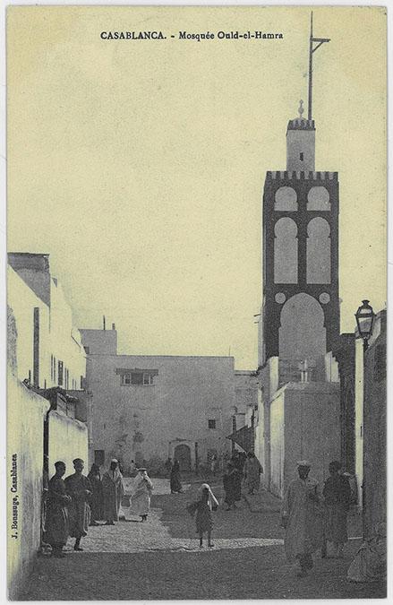 <p>Casablanca, Ould al-Hamra Mosque, exterior view with minaret. "Casablanca - Mosquée Ould-el-Hamra"</p>
