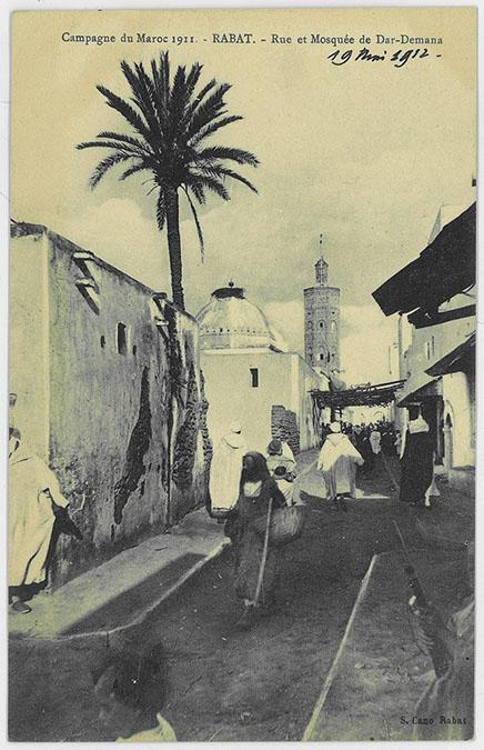 <p>Rabat, street and Dar Demana Mosque, general view. "Campagne du Maroc 1911. - Rabat. - Rue et Mosquée de Dar-Demana"</p>