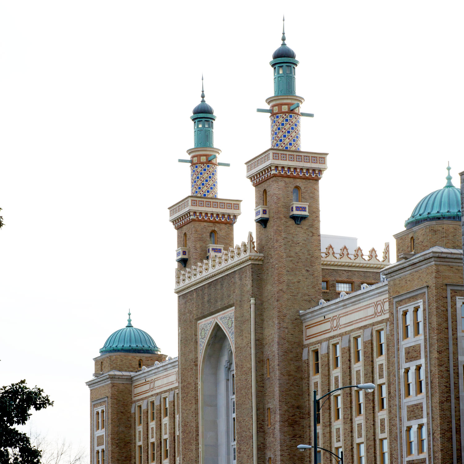 Close view of the faux minaret and domes of the front faÃÂ§ade