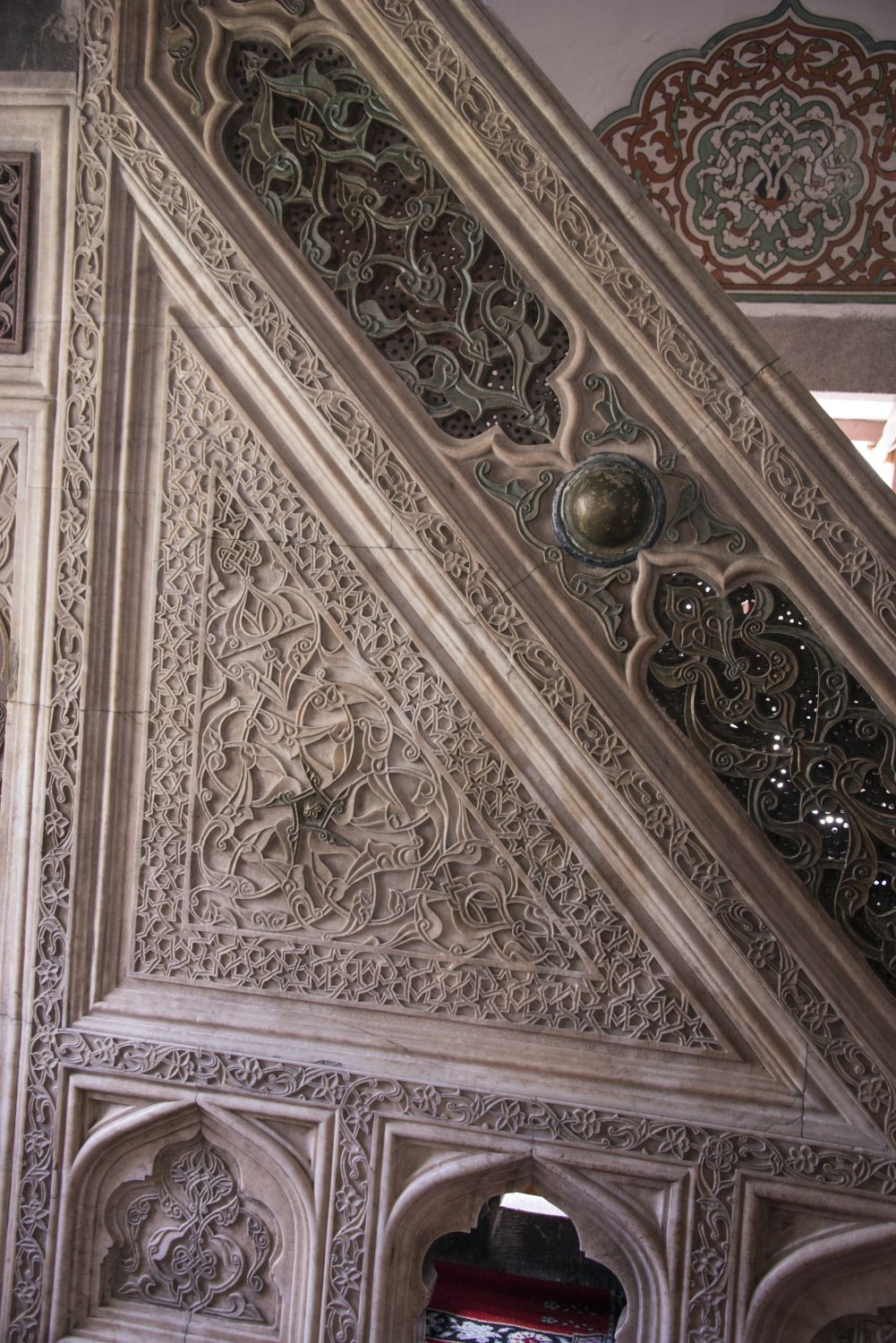 Detail view of woodwork on minbar side panels.