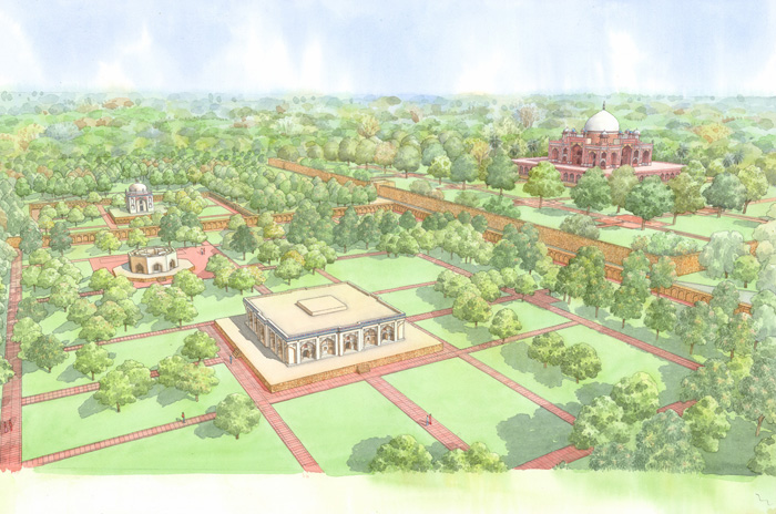 Rendering showing the Batashewala Complex and its relationship to Humayun's Tomb Complex