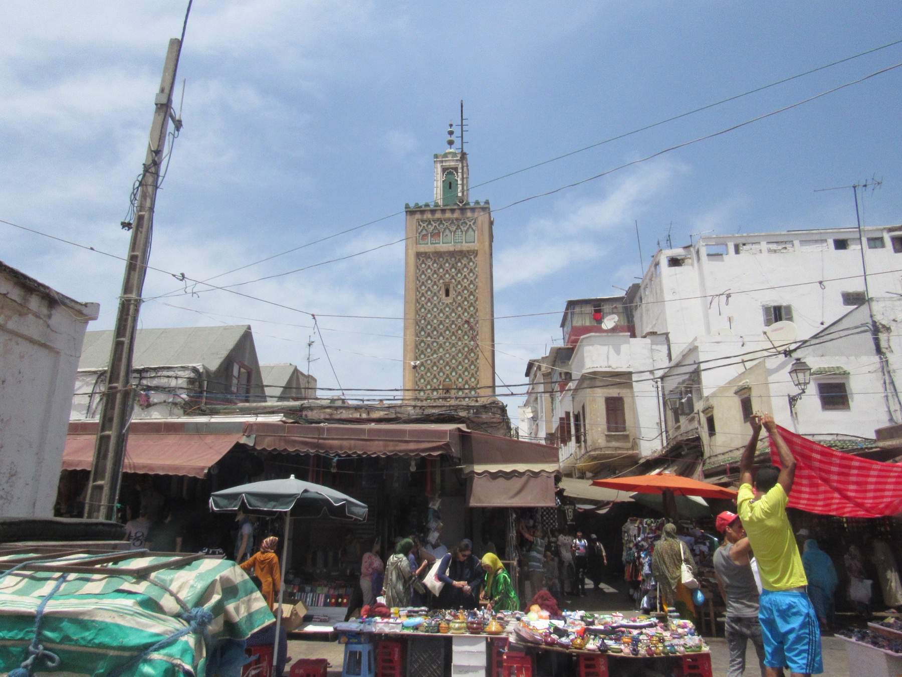 View of the market square with the minaret in the background.