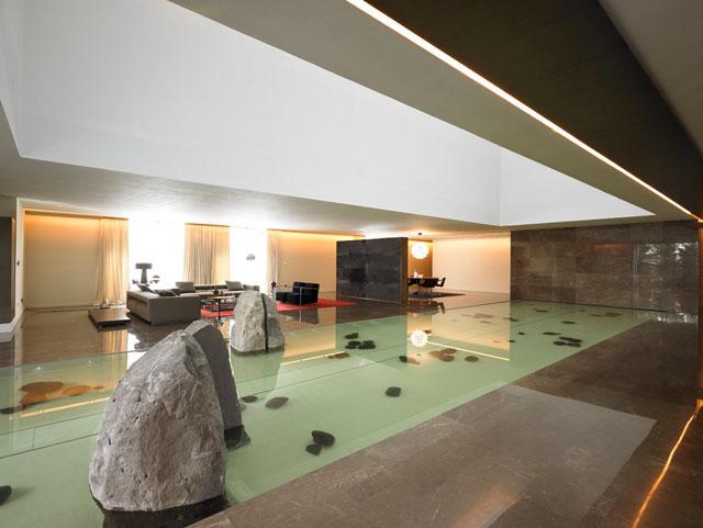 Interior view of reflecting pool and formal living