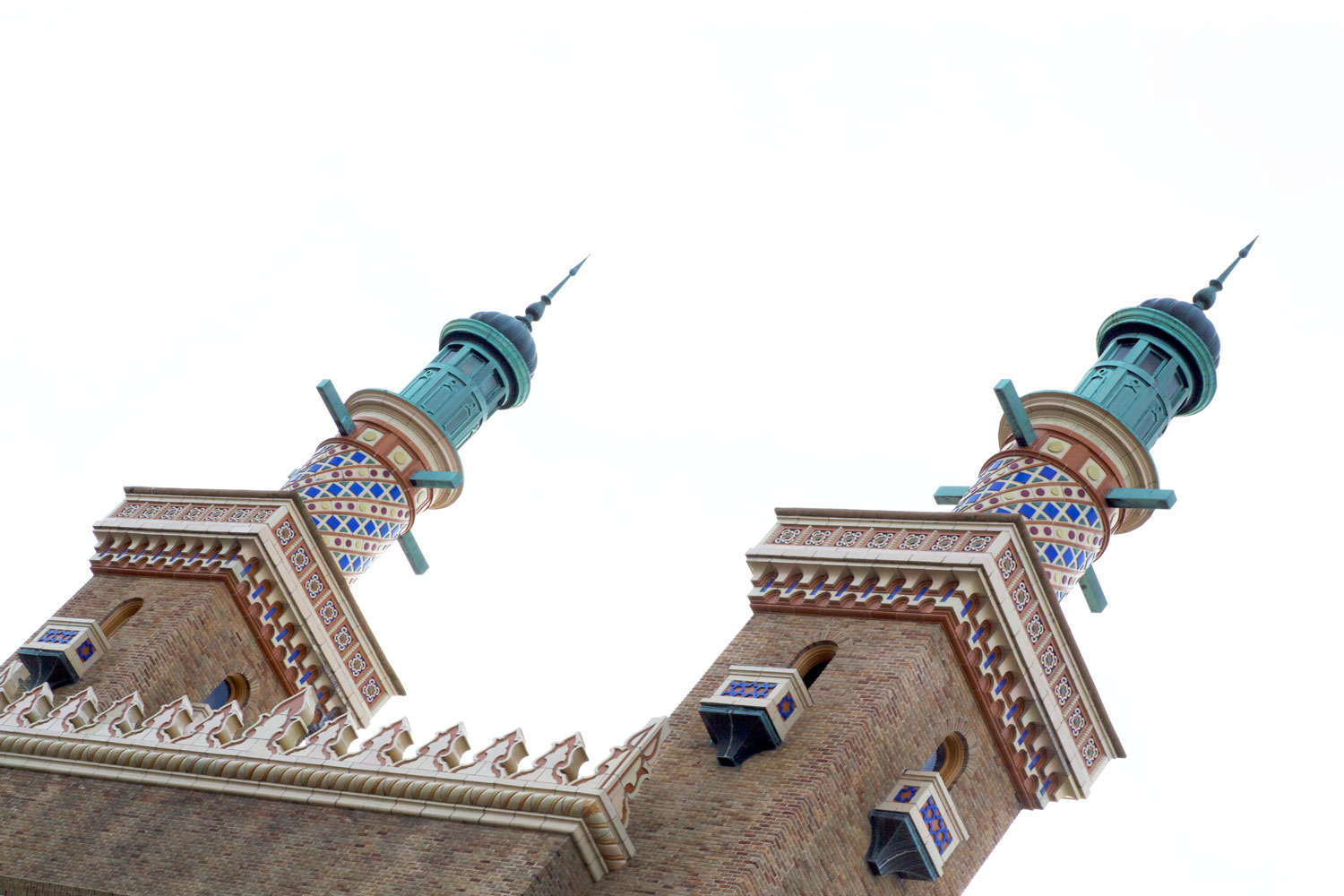 Detail view of the faux minarets of the front facade
