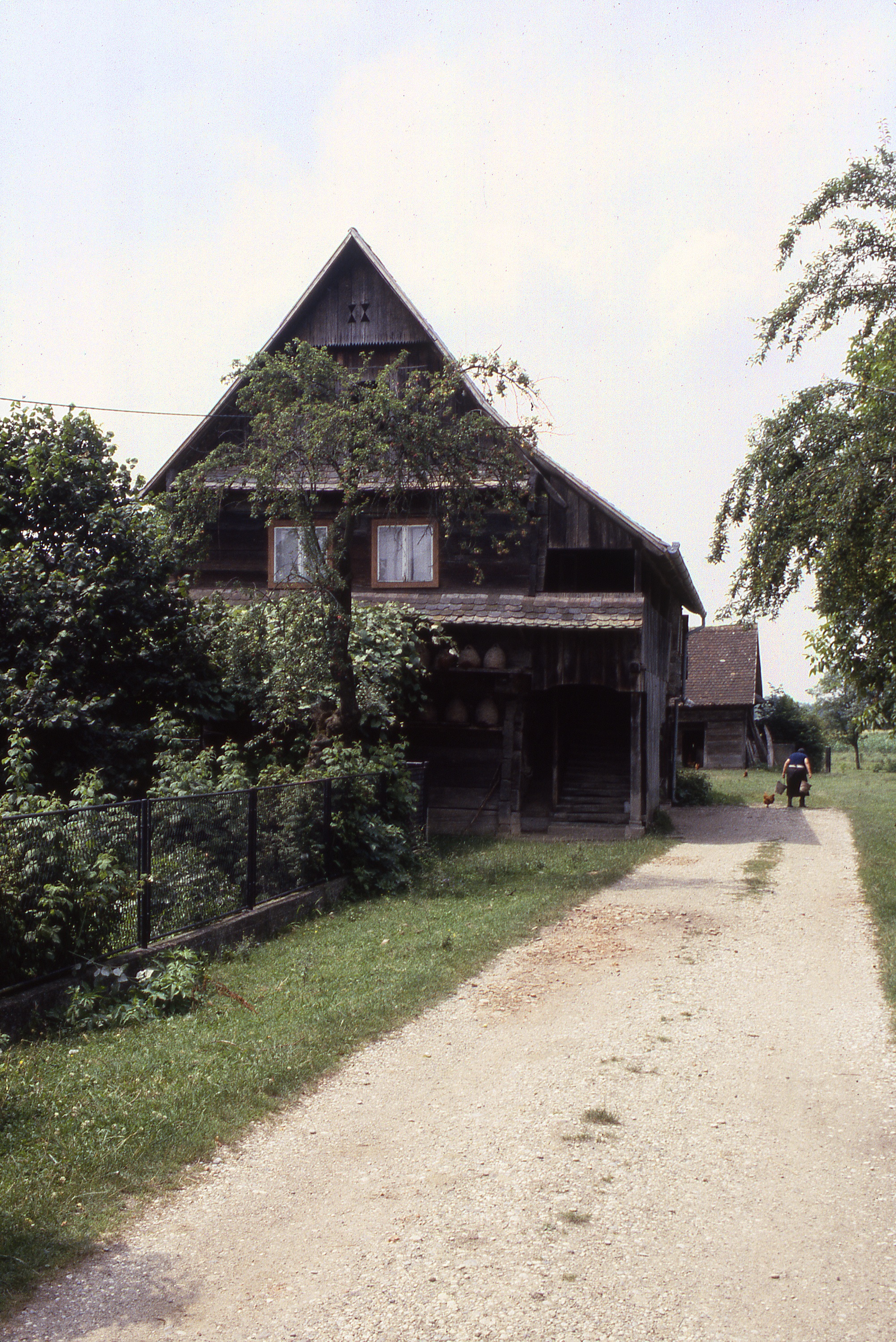 <p>This wooden plank house of the regional čardak/katnica type is located in the village of Gušče, on the Sava River below the city of Sisak. It is positioned perpendicular to the river, with fields for planting located behind the house.</p><p>The house is entered by the open stair along the side. Living spaces are on the upper floor, with the principal room facing the river. The ground level interior spaces are typically used to house animals, store produce, farm tools and equipment. The elderly woman who owned and maintained this farm reported, in 1988, that the house was over 200 years old. (photo 1988)</p>