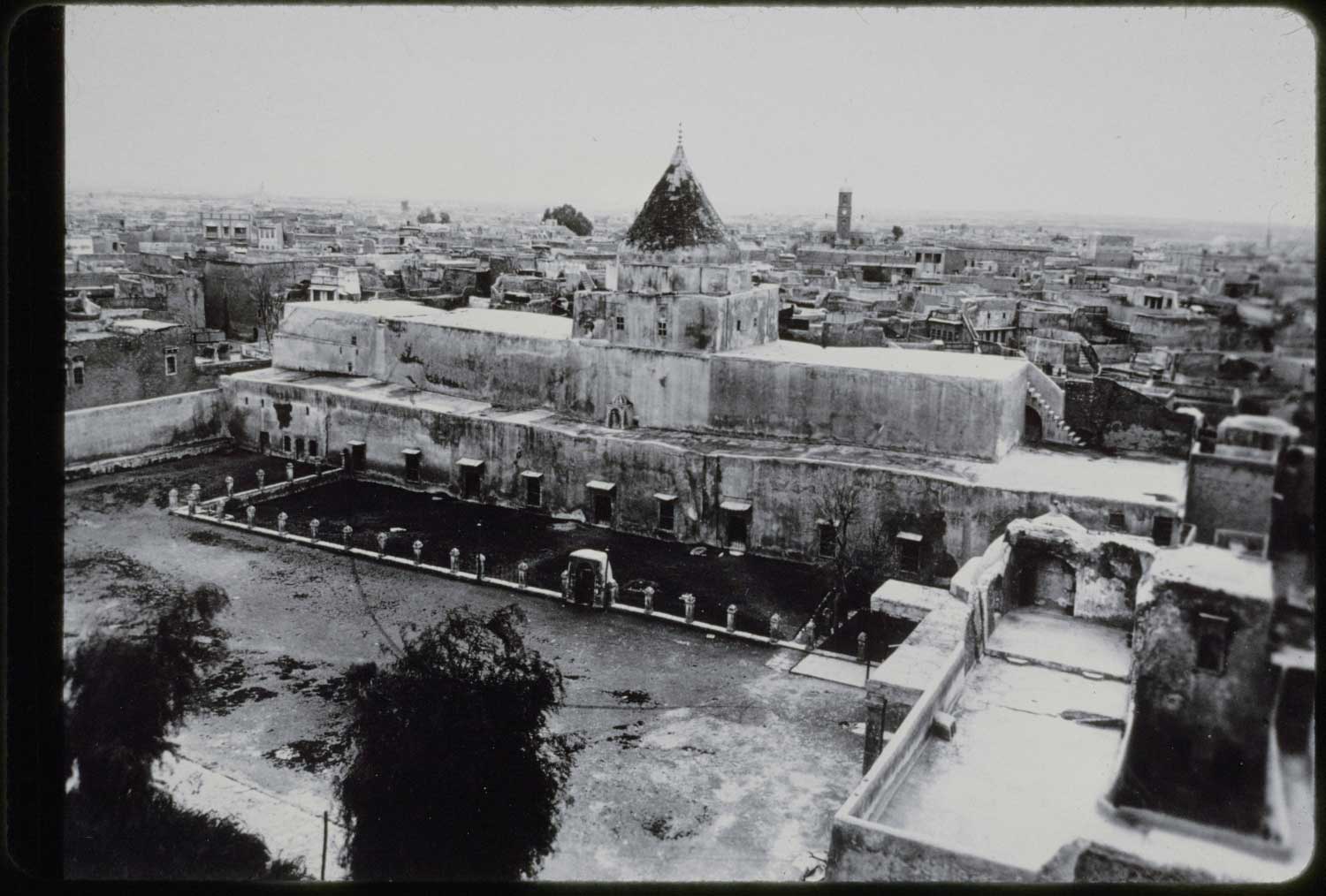 Exterior view of the prayer hall structure prior to 1940s reconstruction, taken from atop the minaret to the northwest of the mosque.