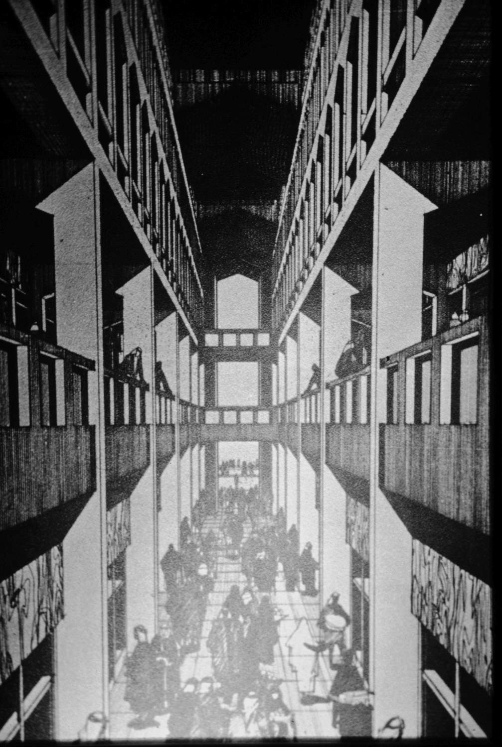 Ink drawing showing interior view through a multilevel, arcade-like space.