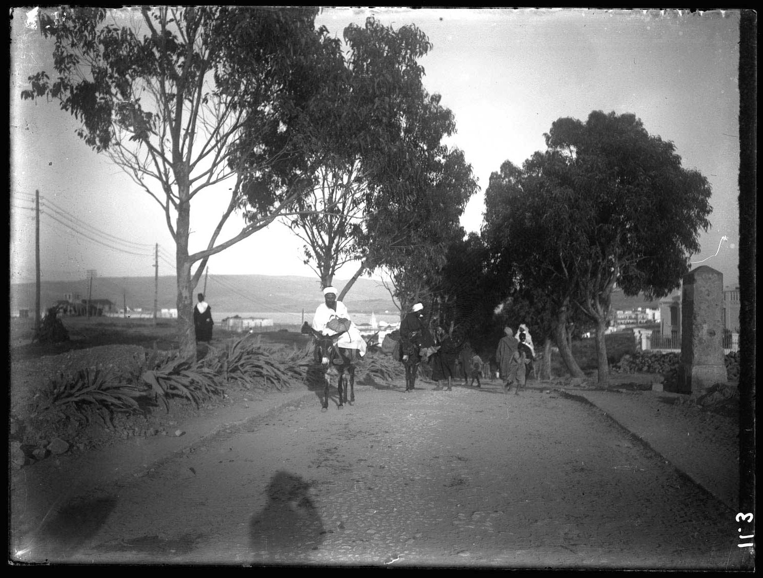 A man rides his donkey along a street on the outskirts of town, with the bay of Tangier in the background