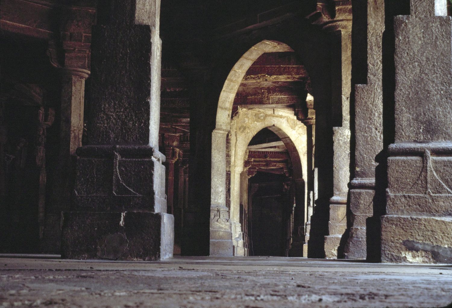 Interior of prayer hall, showing bases of pilars and arches.