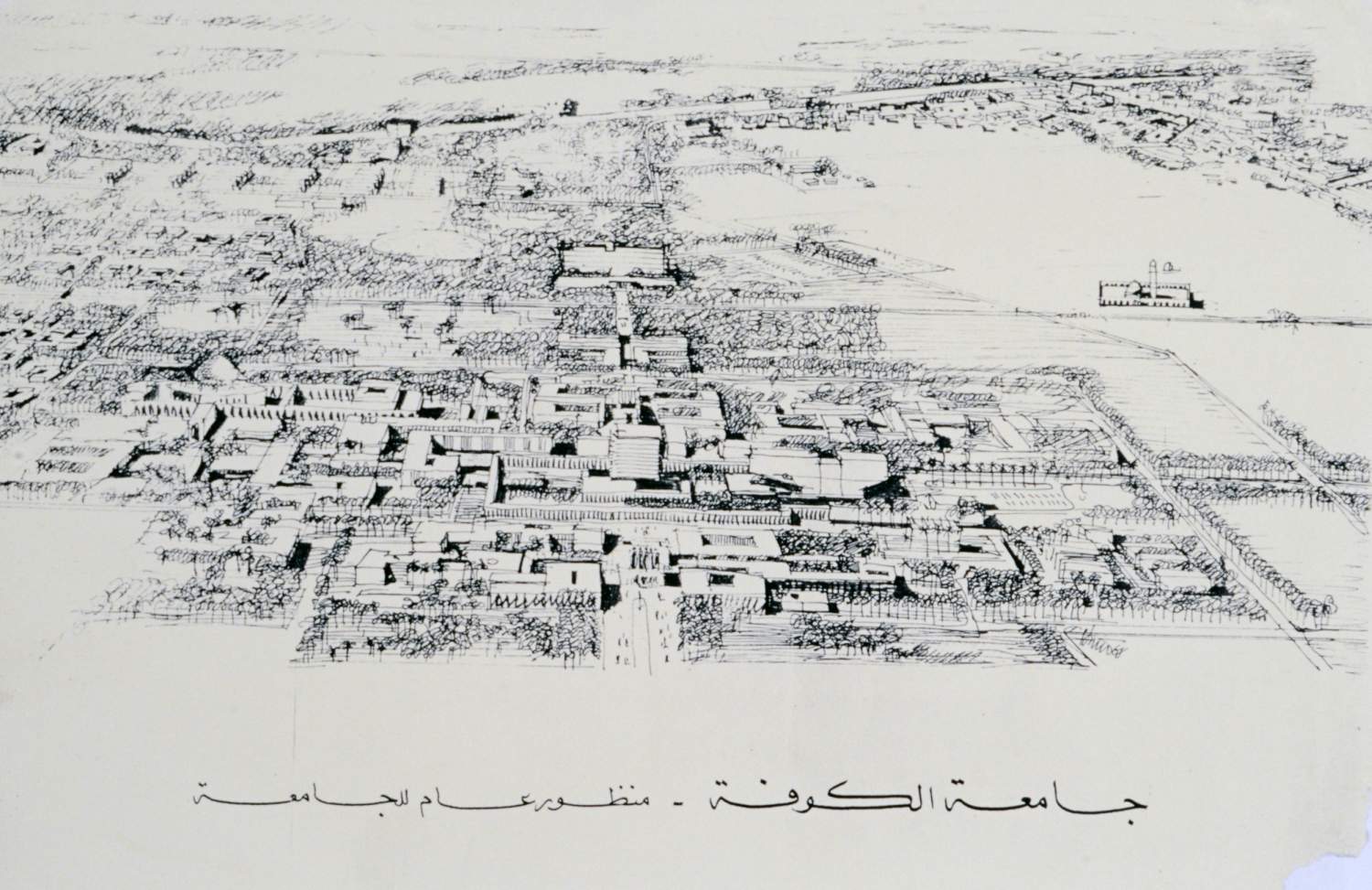 Bird's eye view ink drawing of Kufa University campus.