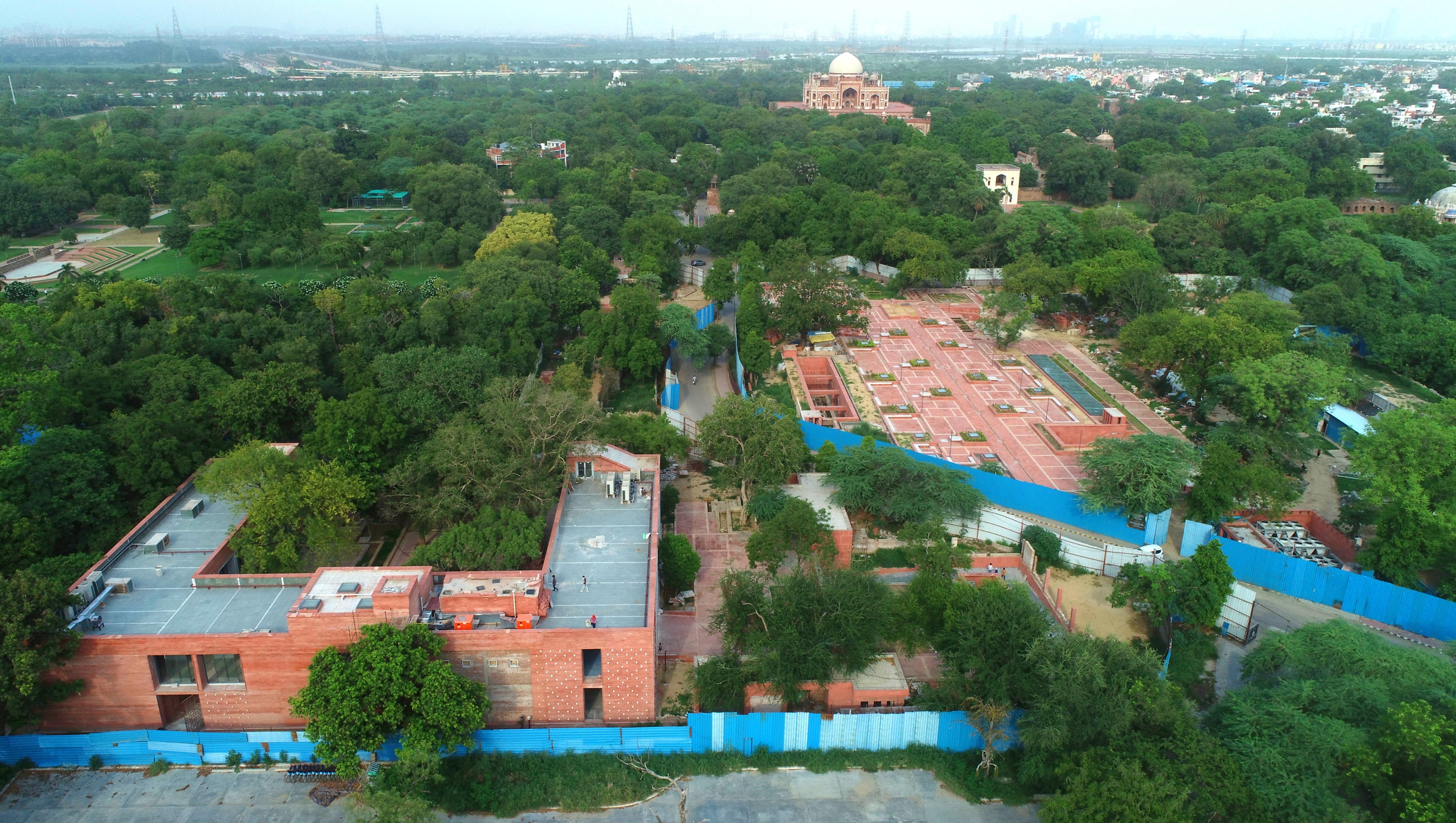<p>Aerial view over the Site Museum showing Humayun's Tomb in the background and the administration block in the foreground</p>