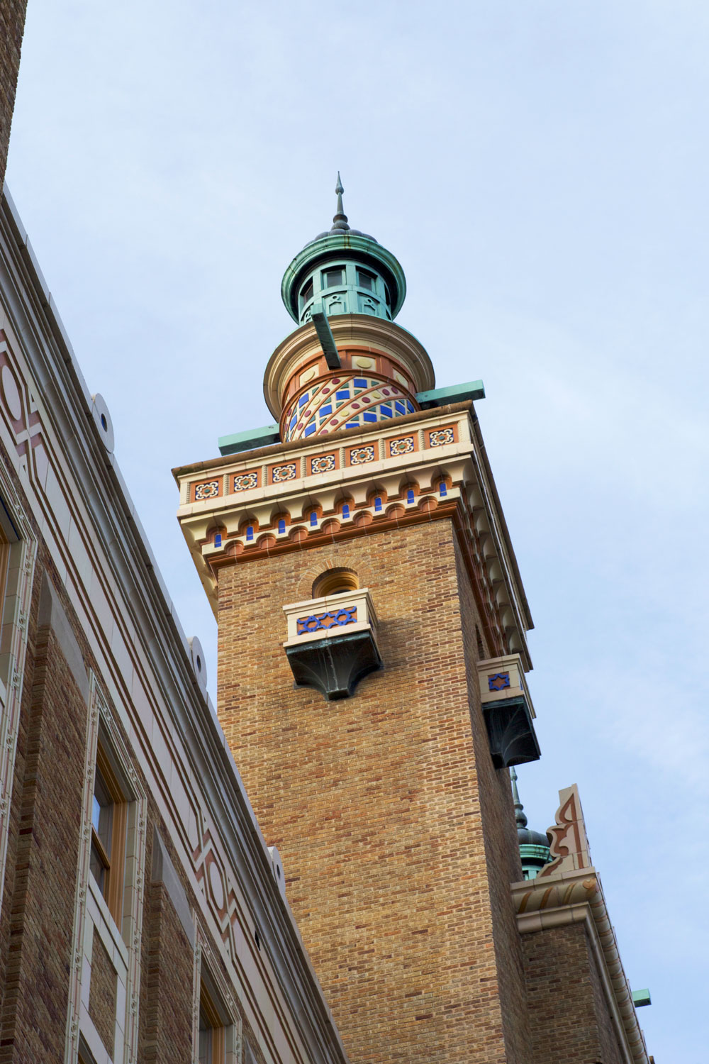 Detail view of a faux minaret