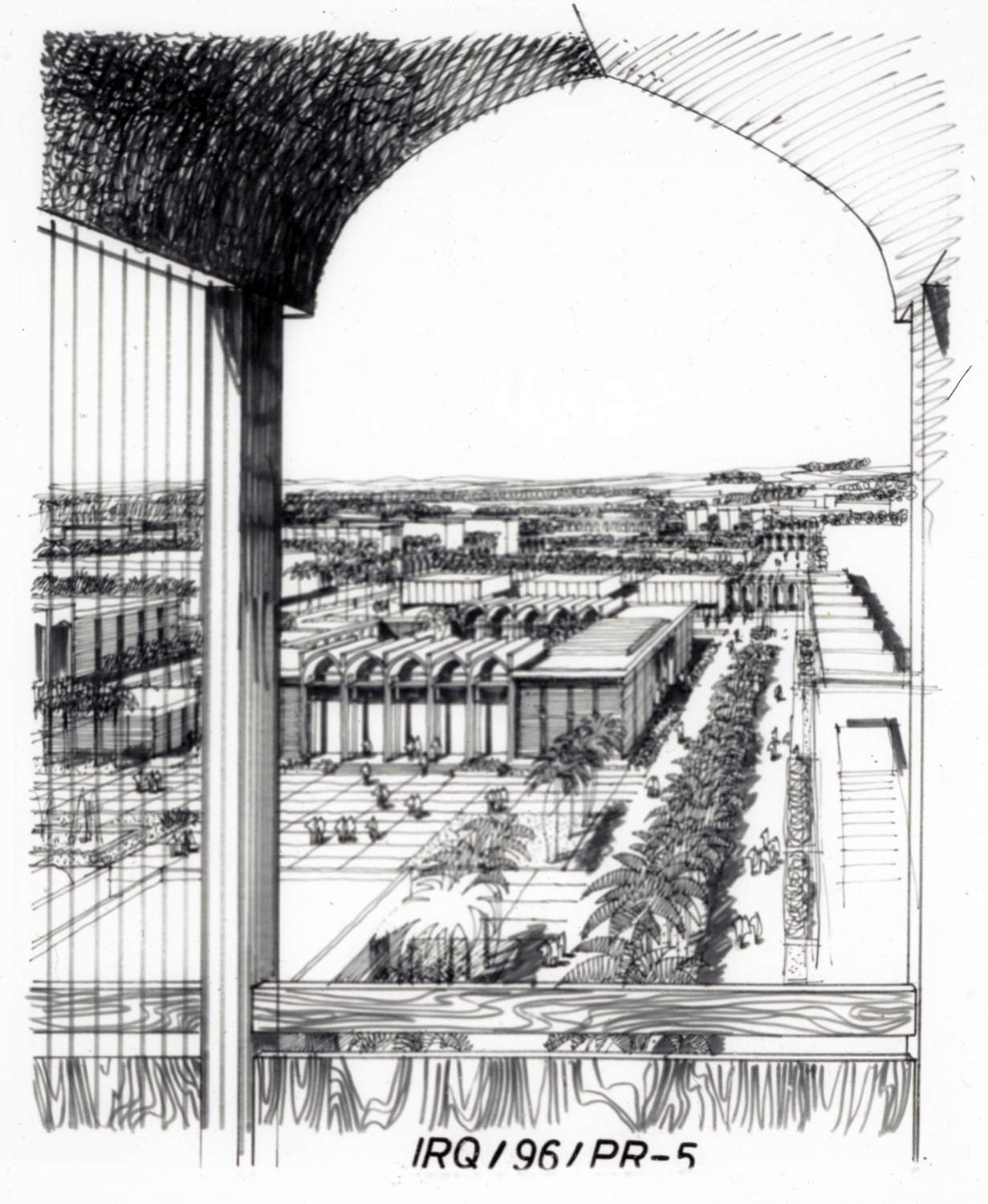 Ink drawing showing out over campus from a multilevel building.