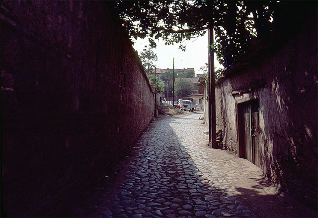 Exterior view showing the northern wall of the building and the street adjacent to it