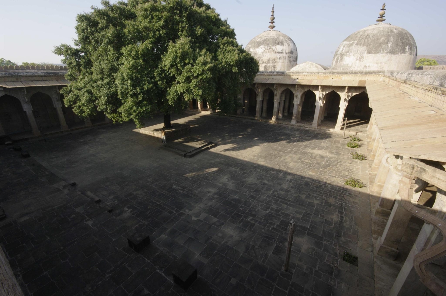 Elevated view of courtyard, looking west towards prayer hal