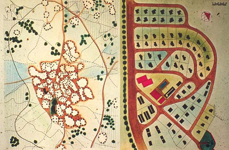 Comparative plans: a traditional village plan is at left, and the plan created by the dam technicians is at right. The temporary residence is marked in green at the center of the plan at right