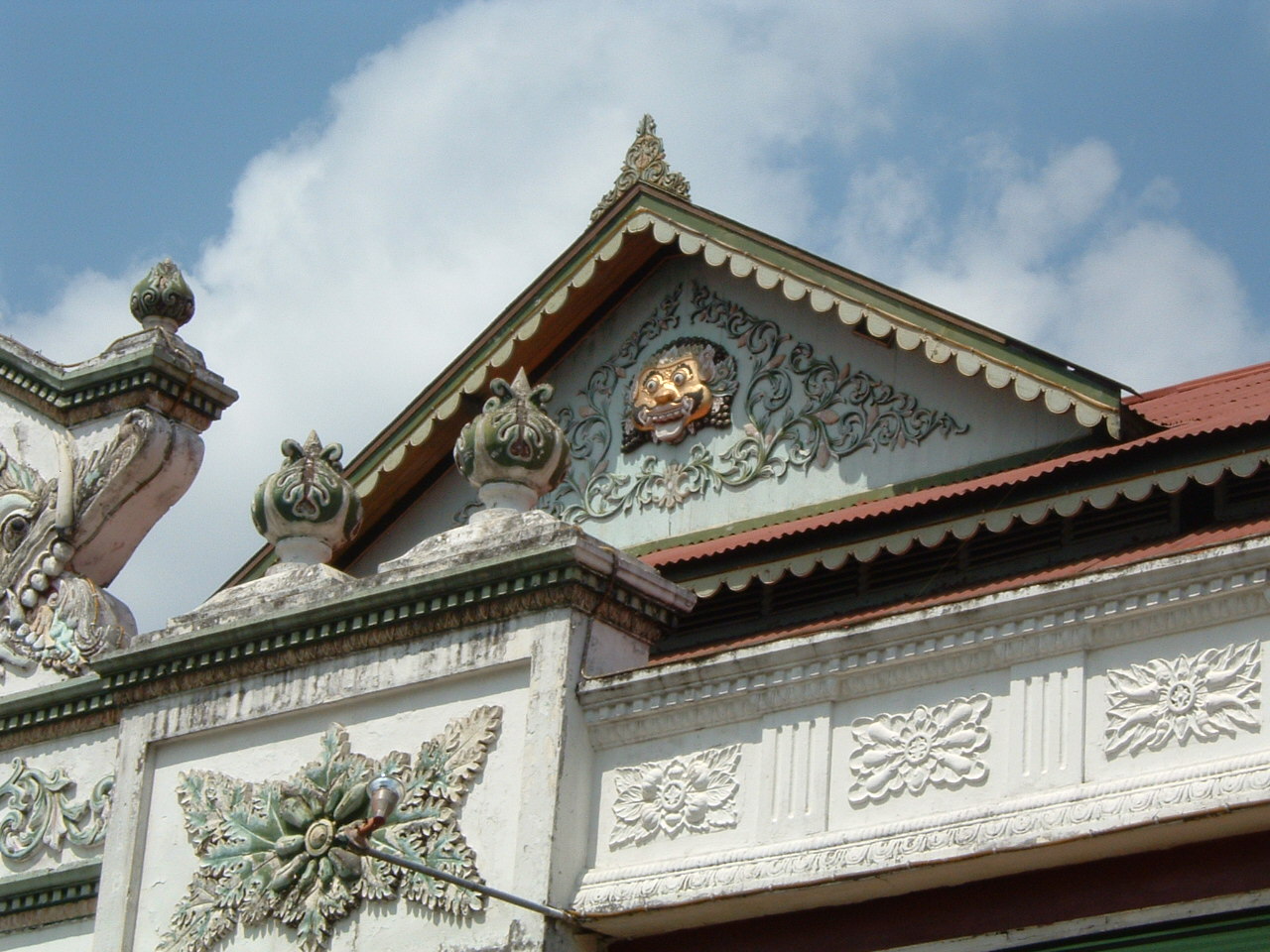 Detail view of the gable roofing the entrance to the Pagelaran Pavilion