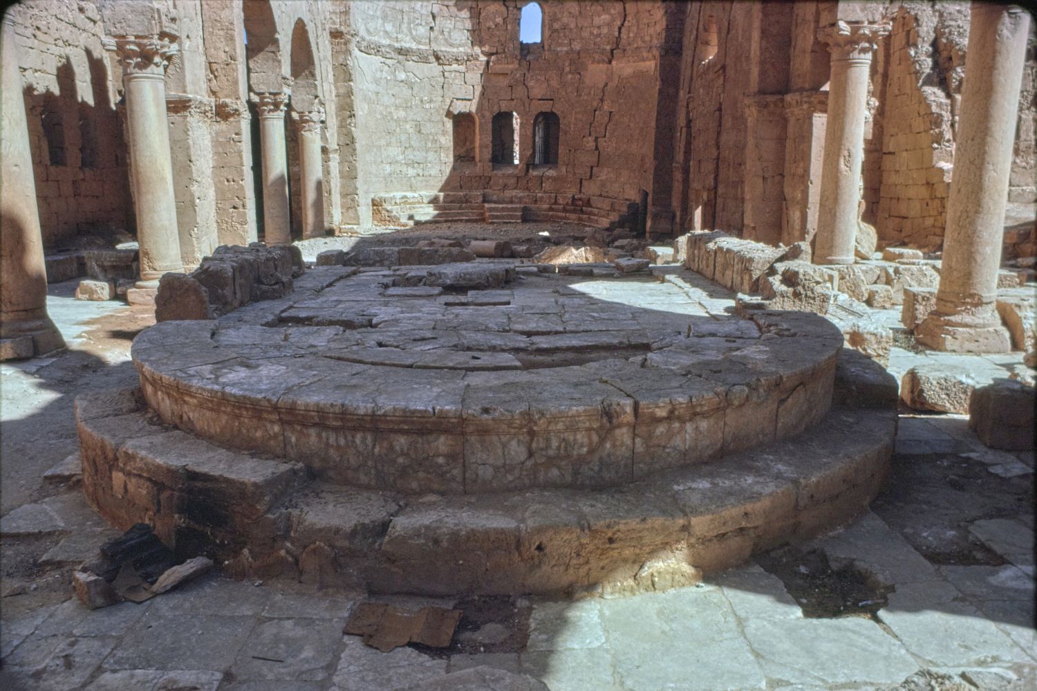 View down central nave toward east showing bema and apse.
