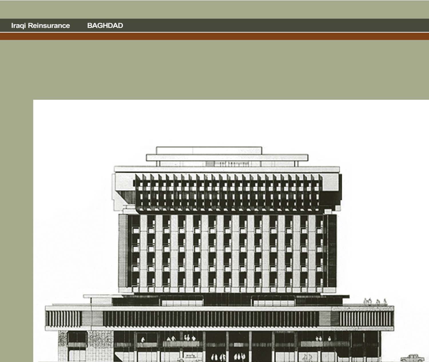 Digital image showing the architectural drawing of the 1965 Iraqi Reinsurance building's elevation from the online project portfolio of Hisham Munir and Associates.