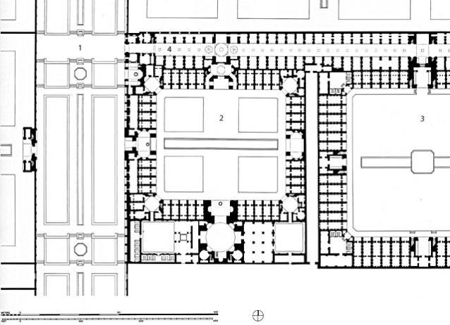 Floor plan, showing (1) reconstruction of the original design of Chahar Bagh Avenue with central water channel, basins and flower beds (2) Madrasah (3) Caravanserai and (4) bazaar (linear covered market running north of the complex)