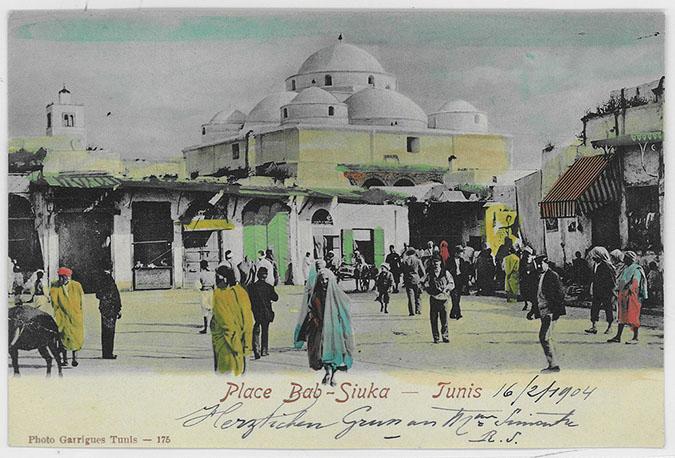 Jami' Sidi Mahres - General view of Bab Siuka square and Sidi Mahres Mosque. "Place Bab-Siuka - Tunis"