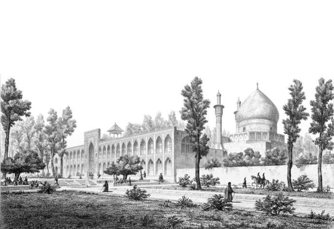 General view from southwest, drawn by Pascal Coste in 1840, showing exterior elevation as seen from Chahar Bagh Avenue