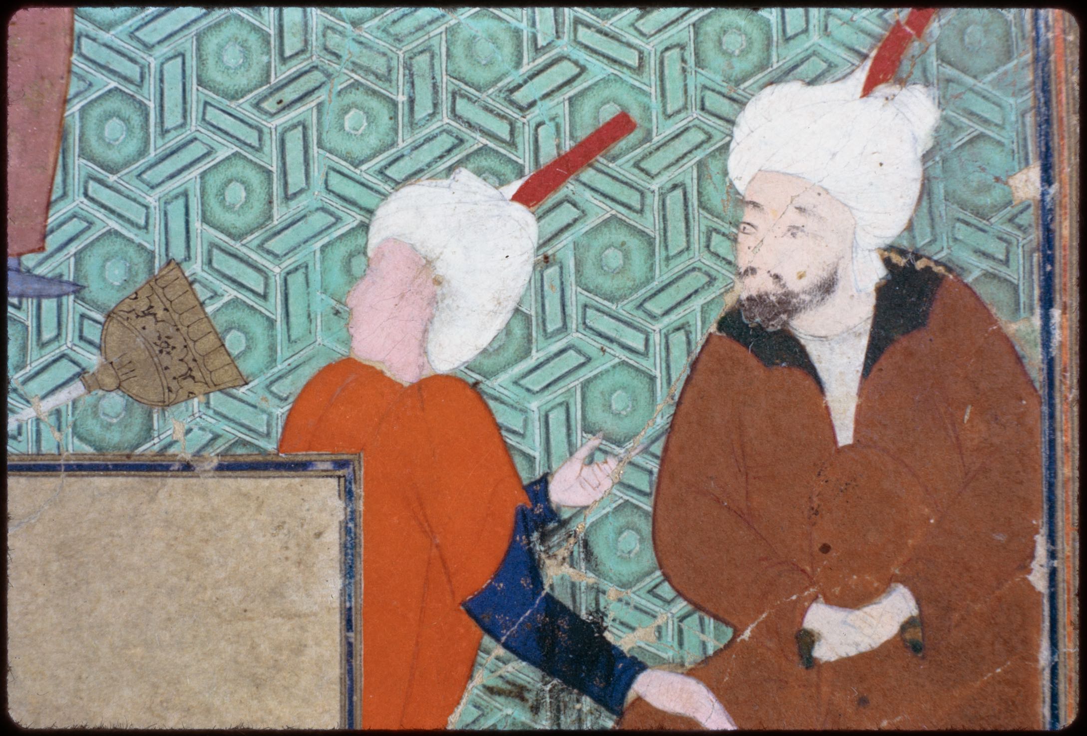 Detail: two men observing the dancer's skirt on fire. f. 59b from the Bustan of Sa'di (Chester Beatty, MS. Pers. 236)
