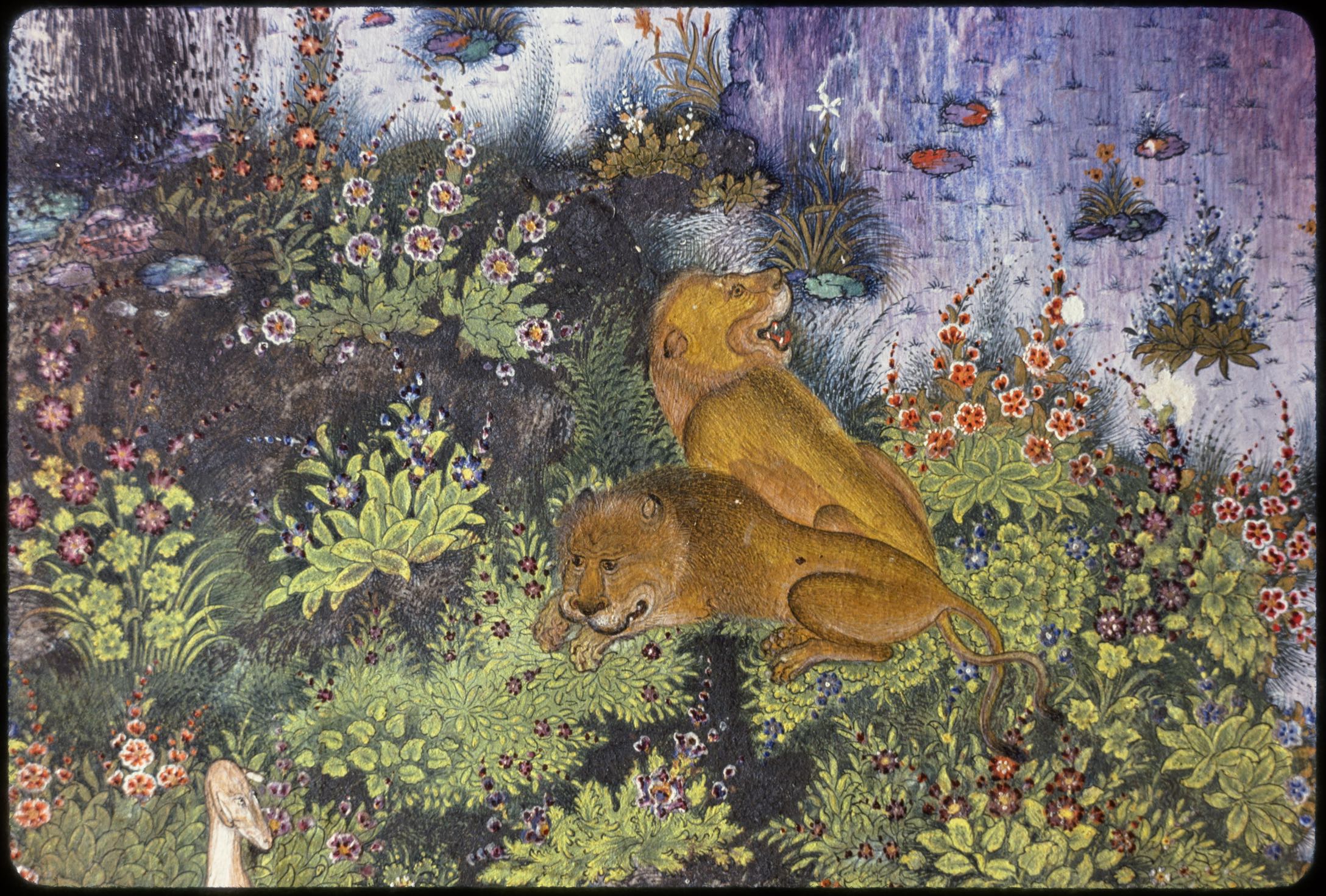 Detail of lions and landscape, The Court of Gayumars (AKM 00165), f. 20v from the Houghton Shahnama