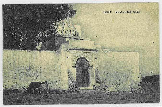 Rabat, Sidi-Mojluf Marabout, exterior view with portal and dome. "Rabat. - Marabout Sidi-Mojluf"