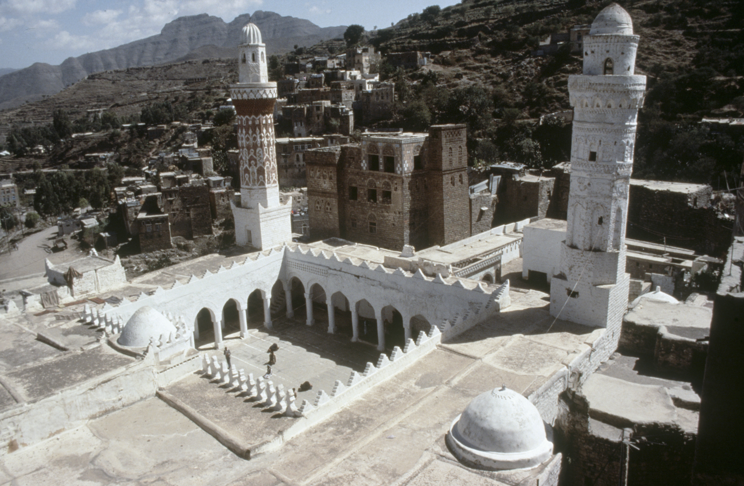 Elevated view of the mosque, showing courtyard and minarets