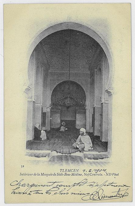 Tlemcen, Sidi Bou Medine Masjid, interior view of central aisle. "Tlemcen, Intérieur de la Mosquée de Sidi-Bou-Médine, Nef Centrale"