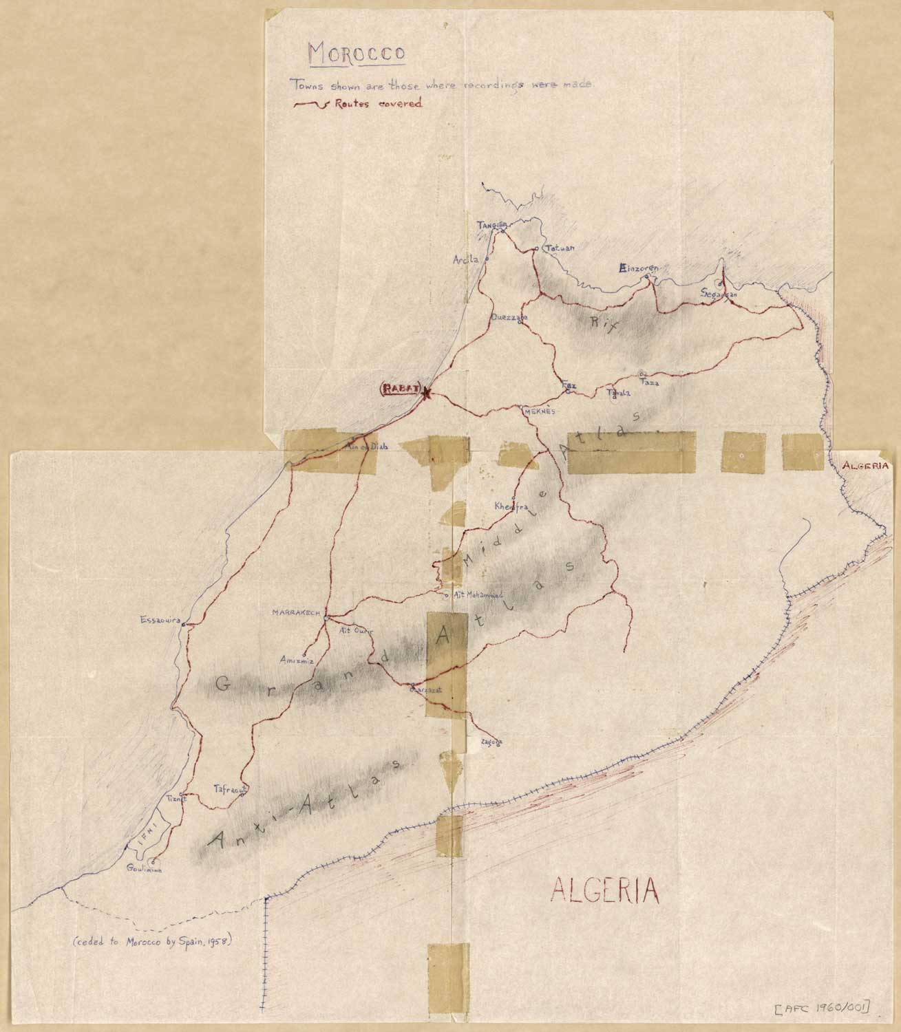 Paul Bowles - Hand drawn map indicating the route taken by Paul Bowles in the recording expedition and the cities in which recordings were made