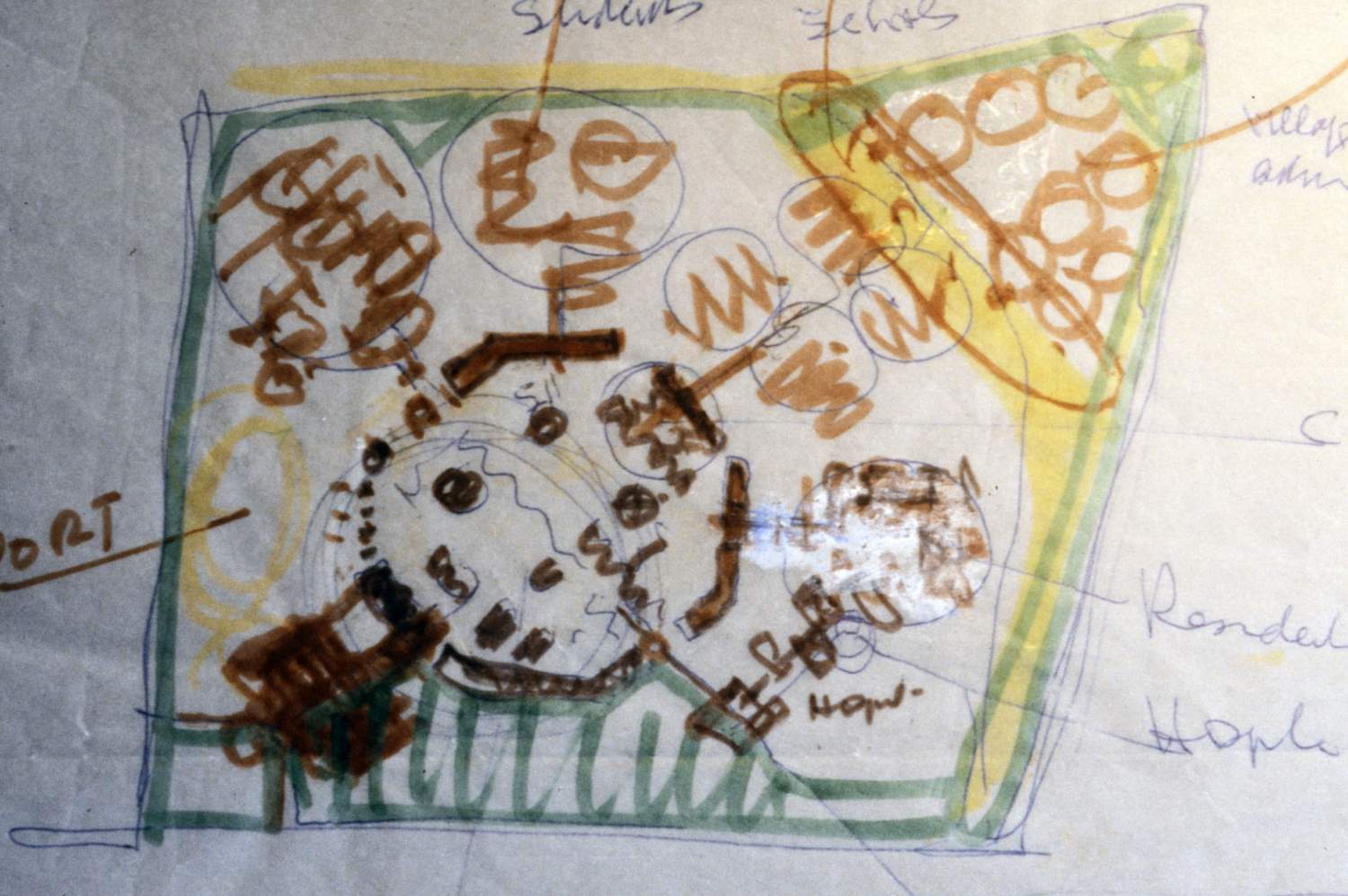 One of several preliminary sketches showing site plan for the university campus, annotated.