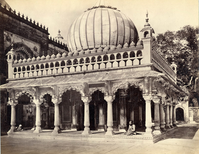 Nizam-ud-Din Auliya Shrine Complex - 19th century image of Nizammudin Dargah the shrine of the Sufi saint Nizamuddin Auliya (the Jamat Khana Masjid is on the left)