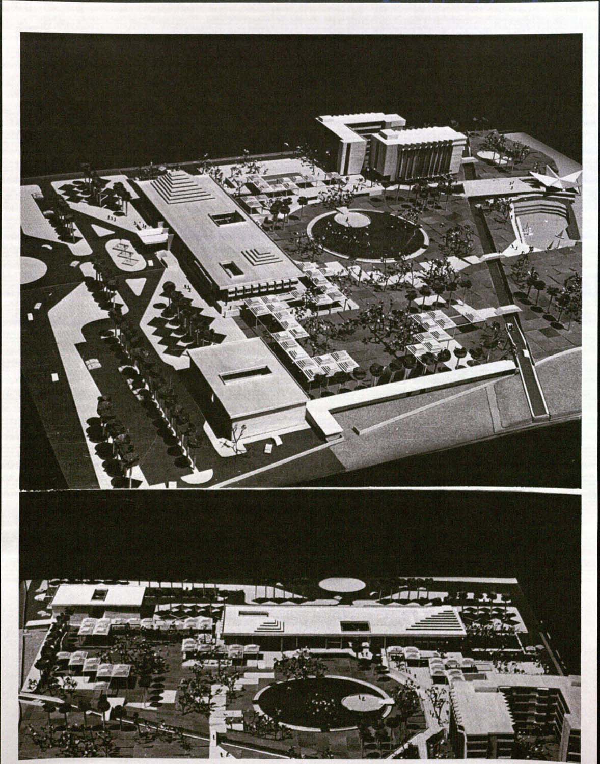 Two combined images showing alternate views of the model used to design the Military Officers Club.