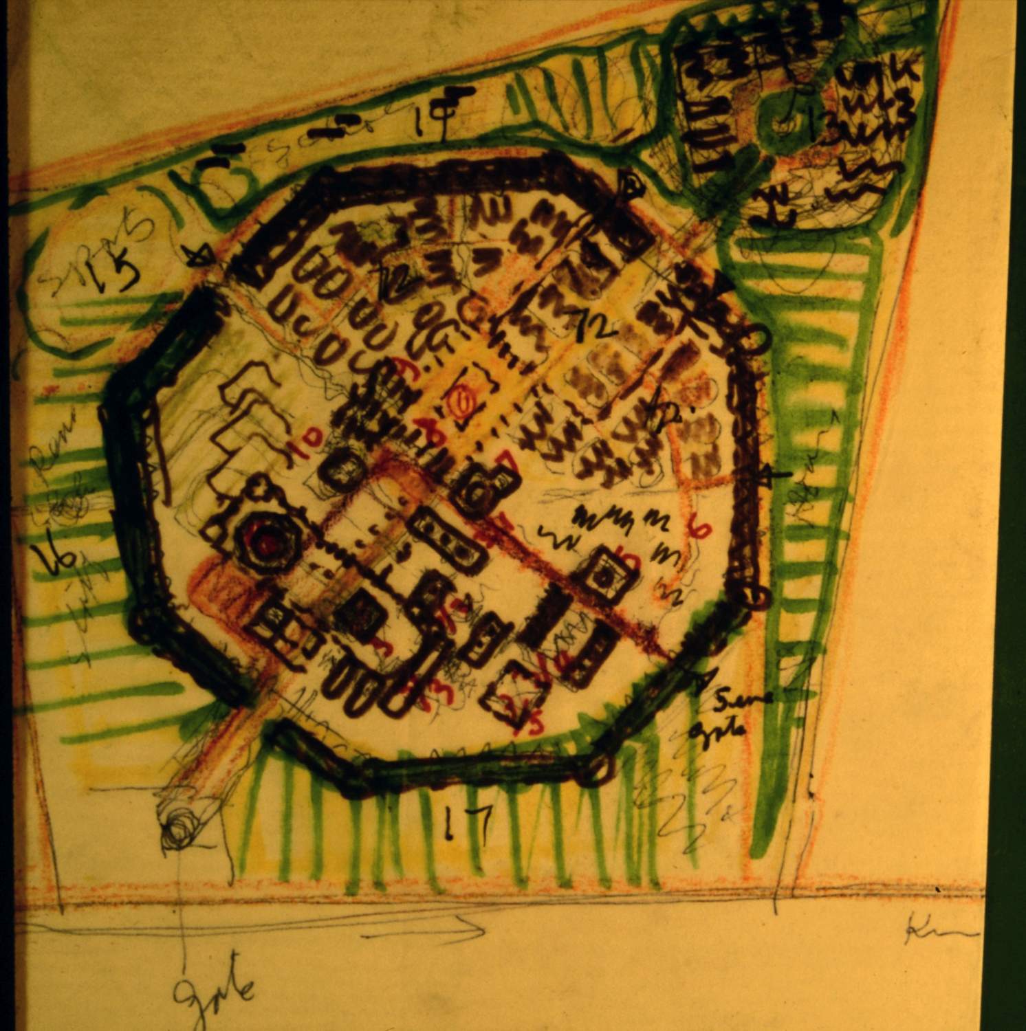 One of several preliminary sketches showing site plan for the university campus.