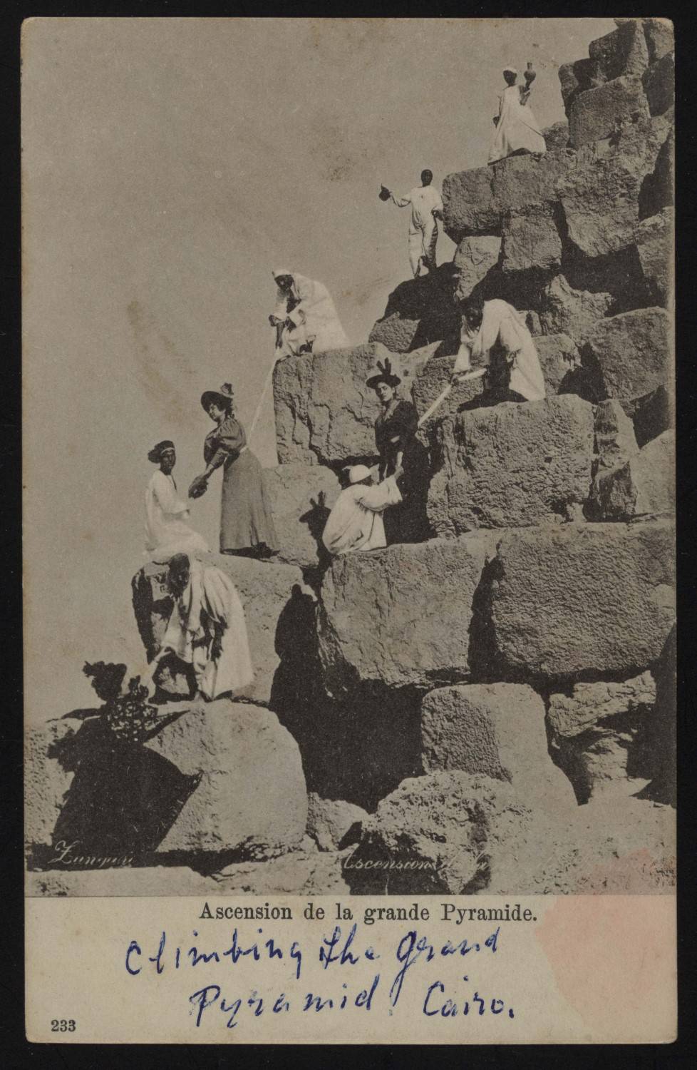 Postcard of European Tourists Climbing the Grand Pyramid of Cairo