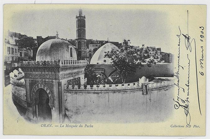 Oran, Pasha Mosque, elevated general view with portal. "Oran. - La Mosquée du Pachâ"