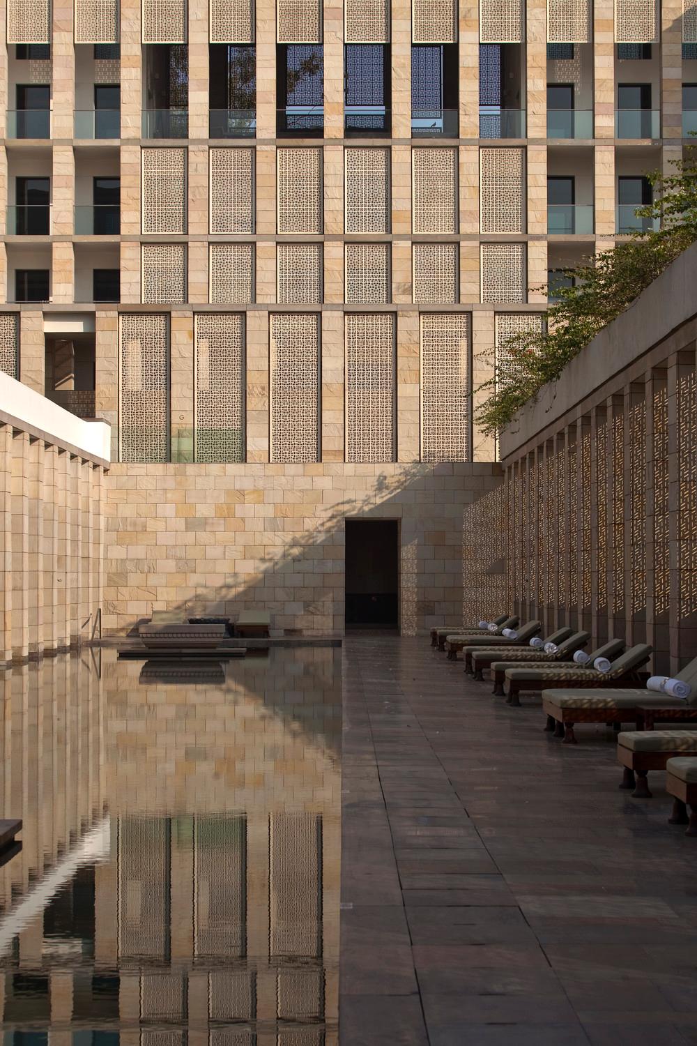 The hotel swimming pool is located in a sunken courtyard and forms the centre of the spa and health facilities.