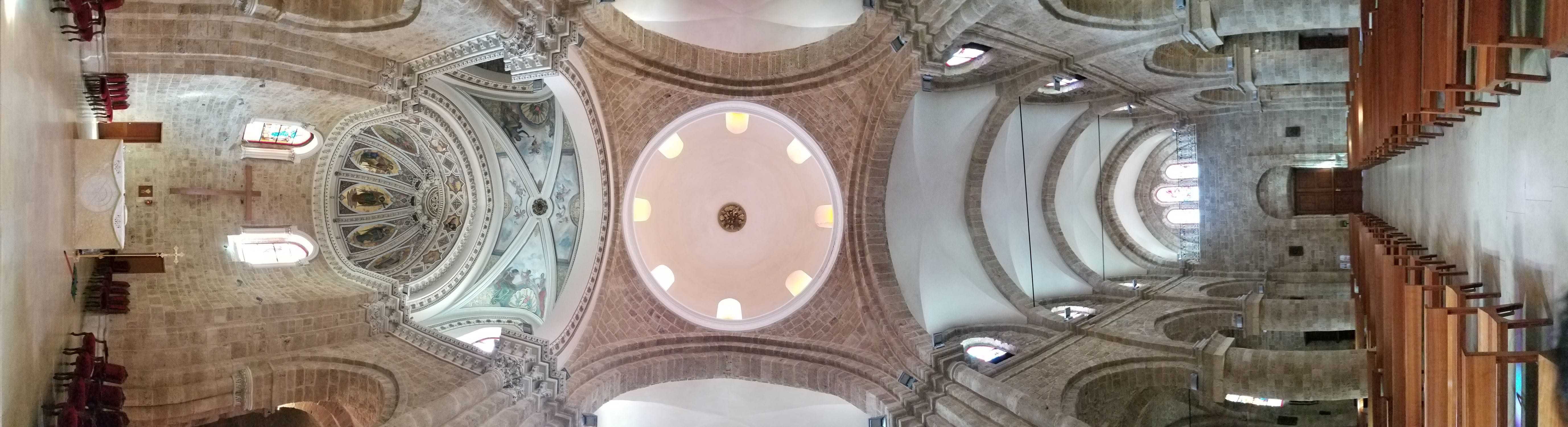 Panoramic view of interior, showing nave and ceiling.
