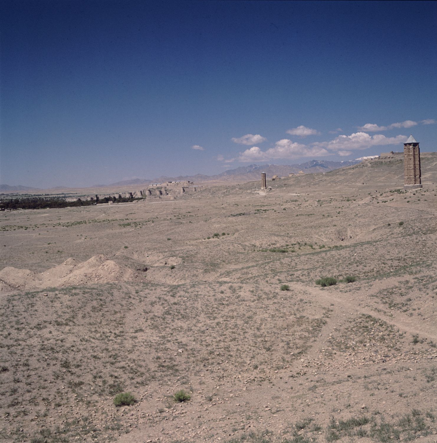 General view of minarets of Ghazni facing northwest. Citadel is visible in background.