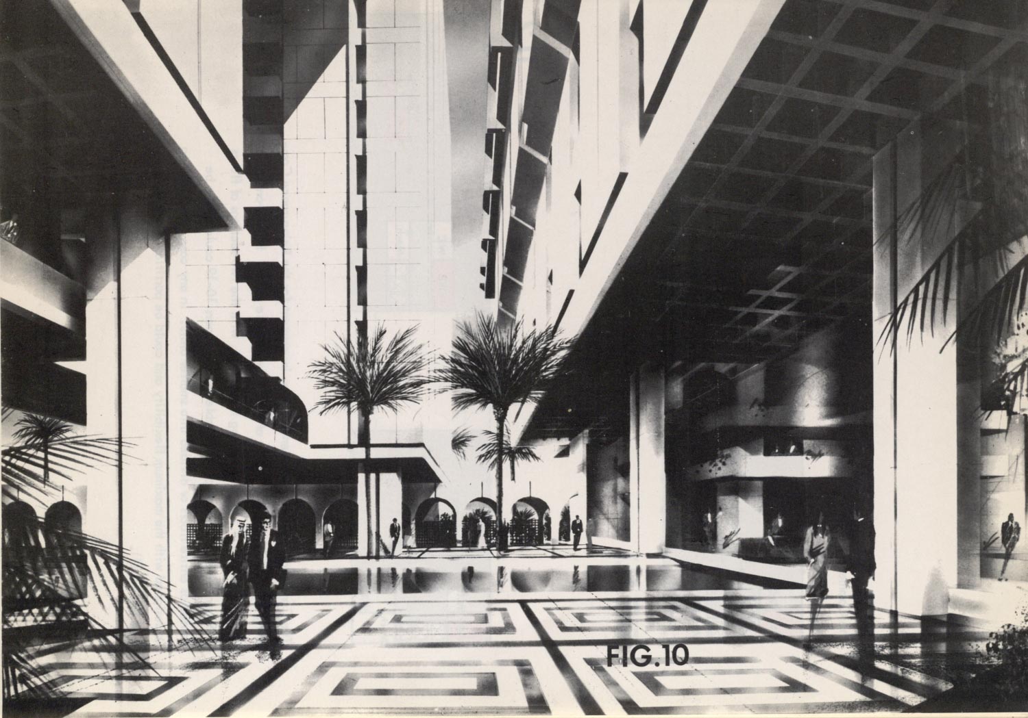 Rendering of the central section of the sixth floor of the Headquarters building, landscaped as a private courtyard overlooked by the Director General's office and the Board room