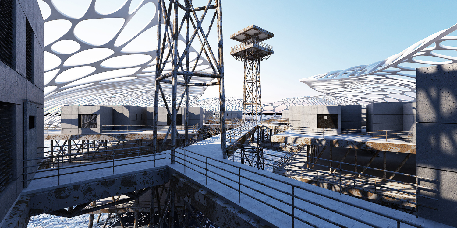 Internal suspended pathways and surveillance towers, visualization rendering