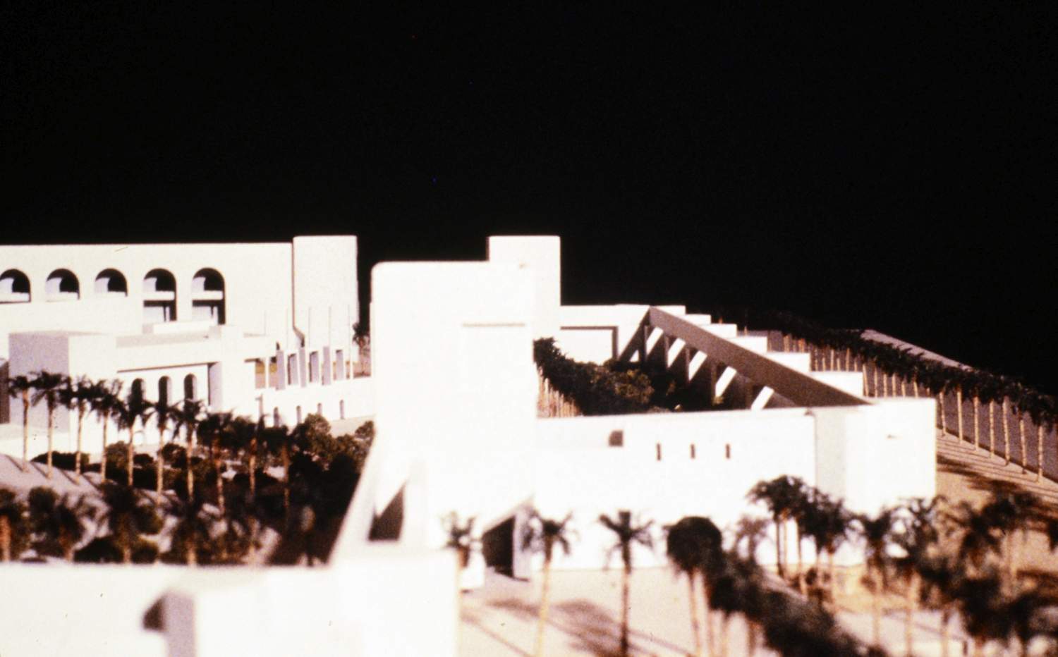 <p>View of model, showing exterior area with palm trees.</p>