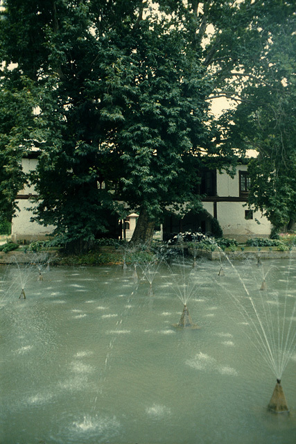 General view looking south showing the second pool before a two-story <i>baradari</i>. The pool has twenty-five fountains, arranged five by five