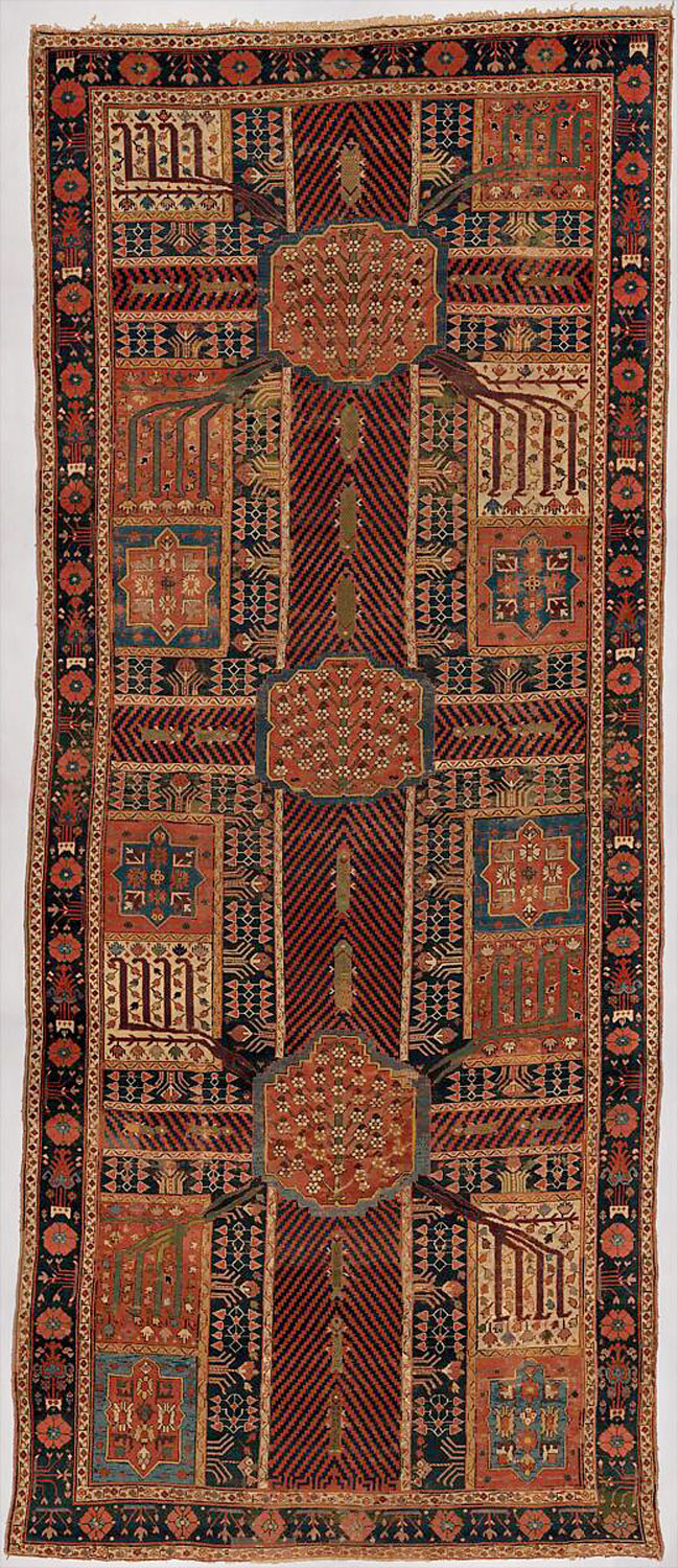 <p>ca. 1800 </p><p>"The earliest Persian garden carpets date from the seventeenth century. This example from Kurdistan or northwestern Iran dates from about 1800. The composition comprises two repeats of the classic Islamic garden plan, known as "Four Gardens" (Chahar Bagh). It shows a wide central stream of water intersected by narrower courses, all of them enlivened by fish. The units separated by the streams represent ornamental pools or flowerbeds, and the composition as a whole abounds with flowering plants, shrubs, and trees." (<a href="https://www.metmuseum.org/art/collection/search/451940" rel="noopener noreferrer" target="_blank">The Met</a>) </p>
